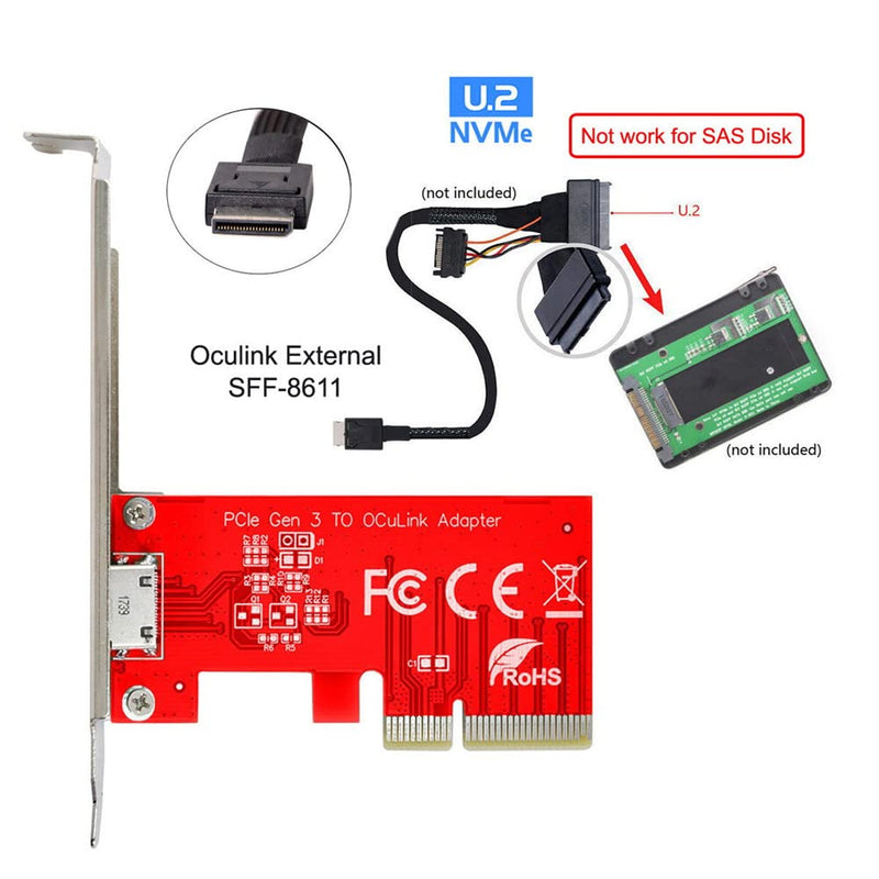 Xiwai PCI-E 3.0 Express 4.0 x4 to Oculink External SFF-8612 SFF-8611 Host Adapter for PCIe SSD with Bracket Red PCIe Card External