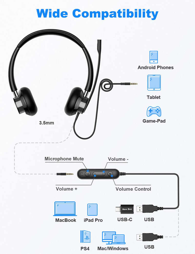 [AUSTRALIA] - New Bee USB Headset with Microphone for PC, Computer Headset with in-line Mute Volume Control Wired Headset for Laptop, Skype, Zoom, Call Center, Meetings, Webinar, Home 