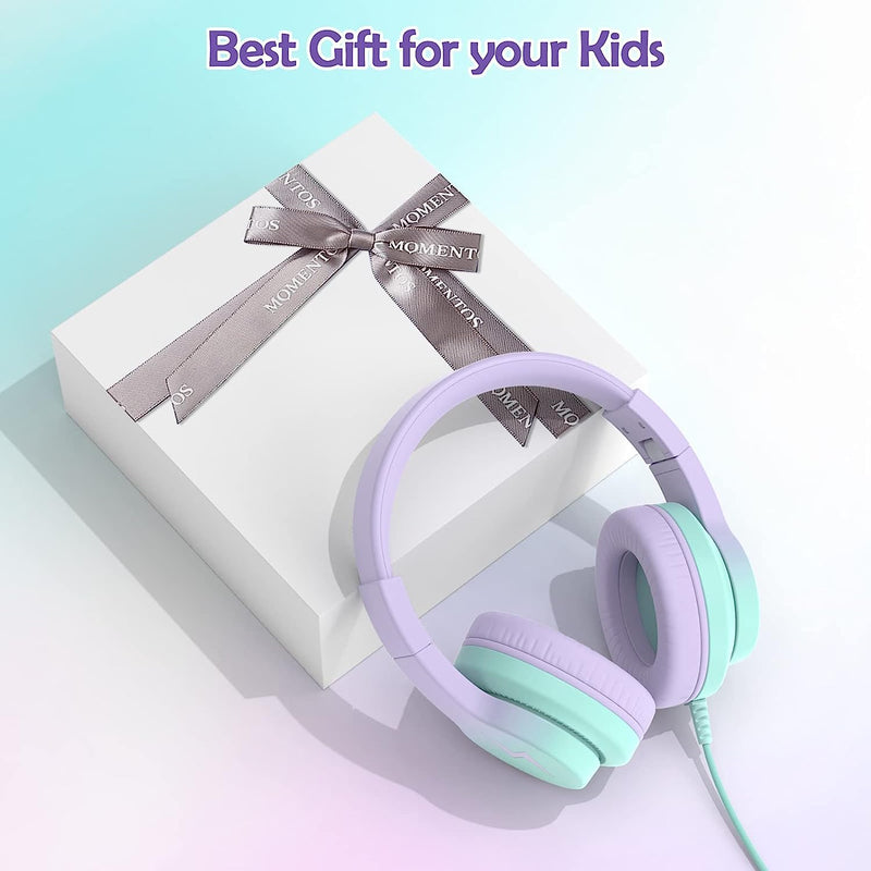 Kids Headphones, Wired Headphones for Kids Over Ear with Microphone, 85/94dB Volume Limiter Headphones for Girls Boys with Sharing Jack, Foldable Headphones for Online Study,Gradient Purple Light Purple