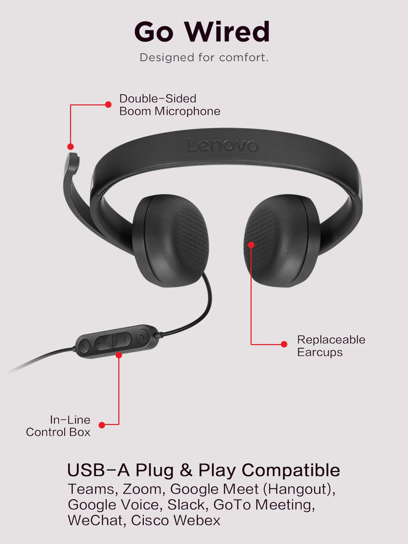[AUSTRALIA] - Lenovo USB-A Wired Stereo Headset for PC/Laptop, AI Noise Canceling via APP, 140g Lightweight, Replaceable Earcups, Double-Sided Boom Mic, in-line Controls with Mute for Call. Work with Teams/Zoom 