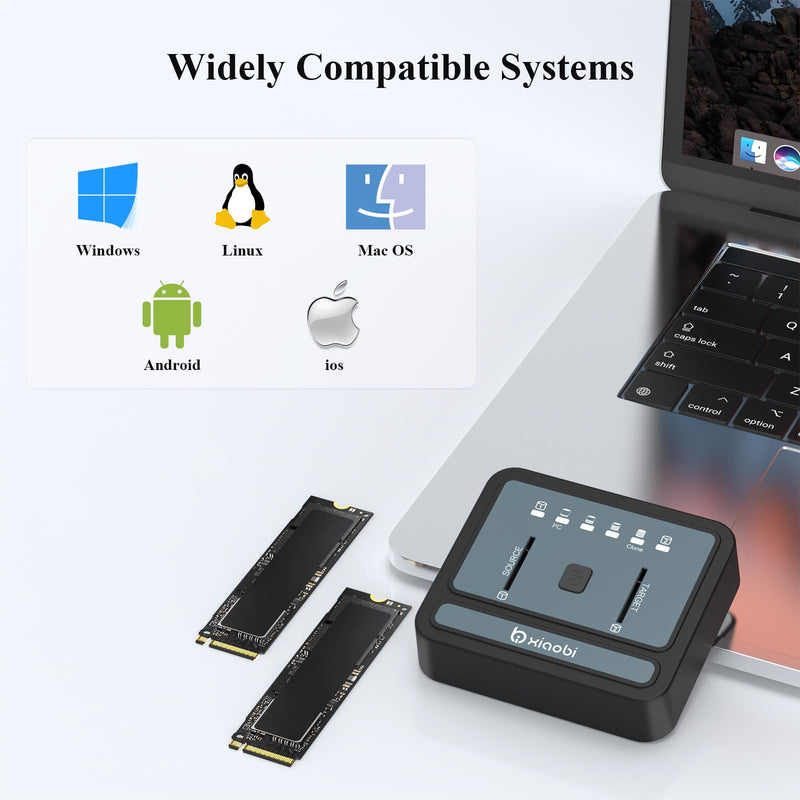 M.2 NVMe/SATA SSD Cloner, M.2 Duplicator 2-Bay Hard Drive Enclosure | Tool-Free 20Gbps USB3.2 Gen 2X2 Hard Drive Reader for NVMe SATA SSD Supports Offline Clone, UASP and Trim Gery