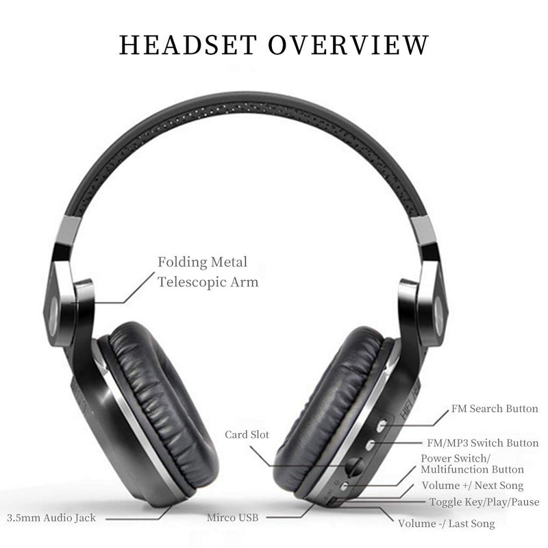 Bluedio Bluetooth Headphones Over Ear, Lightweight Rotary Folding Wireless Headphones with Micro 40 H Music Time Headset with SD Card Slot/FM Radio and Storage Bag (Black T2+) Black T2+