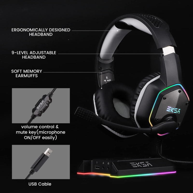 [AUSTRALIA] - EKSA E1000 USB Gaming Headset for PC, Computer Headphones with Microphone/Mic Noise Cancelling, 7.1 Surround Sound, RGB Light - Wired Headphones for PS4, PS5 Console, Laptop, Call Center Grey 