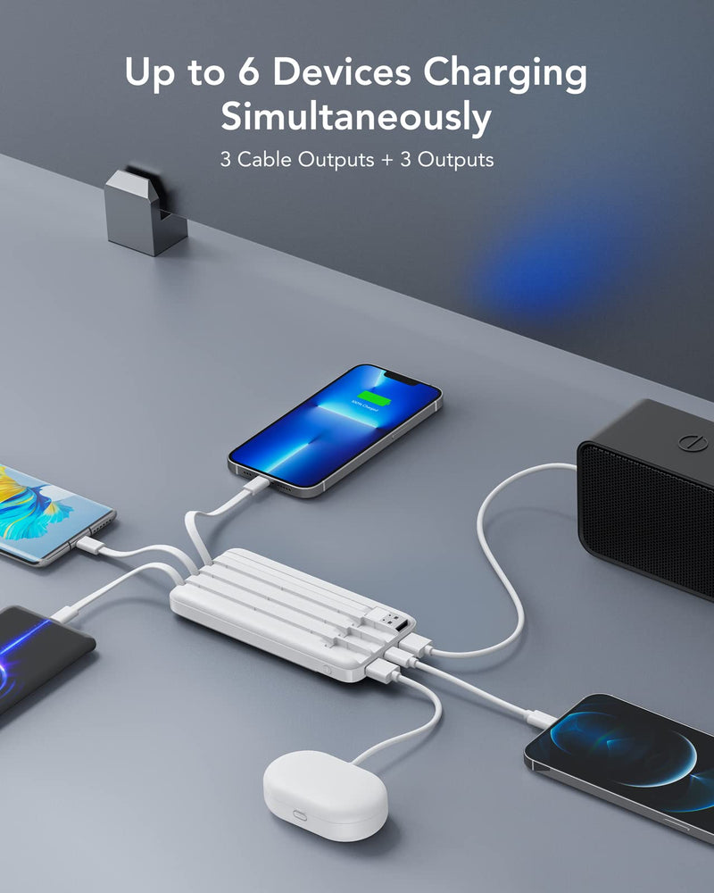 Portable Charger with Built in Cables, Portable Charger with Cords Wires Slim 10000mAh Travel Battery Pack 6 Outputs 3 Inputs 3A Fast Charging Power Bank for Samsung Google Pixel LG Moto iPhone iPad White