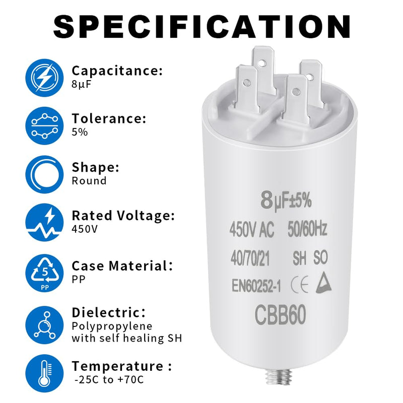 [AUSTRALIA] - OFFCUP Motor Capacitor CBB60 Starting Capacitor 8μF 450V Capacitor 8μF 450V CBB60 Capacitor Plug Suitable for Electric Motors and Swimming Pool Pumps Electric Motor, 50/60Hz 8µF 