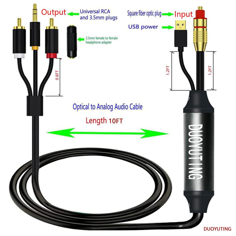 Digital Optical to Analog 3.5mm AUX Audio Cable, Optical to 2 RCA Adapter, All-in-one D/A Audio Converter, for TV/PS4/Xbox/DVD SPDIF/TOSLINK/Optical Port to Sound Box Amplifier Headphones (10ft). 10FT Digital Optical to Analog