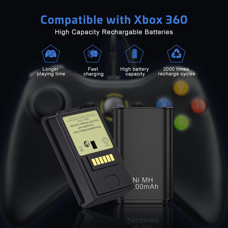 Rechargeable Battery for Xbox 360 Controller, Charger Dual Charging Station Dock with 2 Pack Rechargeable Battery Compatible with Xbox 360 Wireless Controller Black