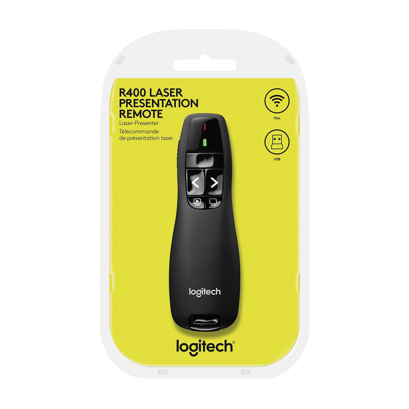 Logitech Wireless Presenter R400, Wireless Presentation Remote Clicker with 50 ft Red Laser Pointer 910-001356 1 Count