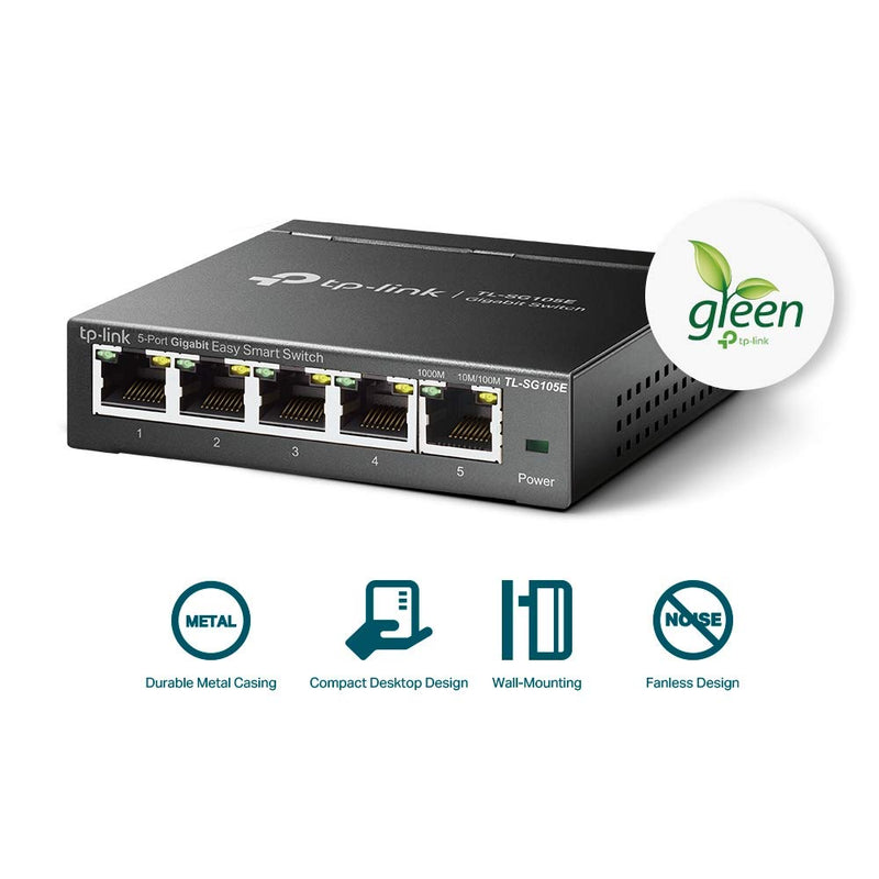 TP-Link 5-Port Gigabit Ethernet Easy Smart Switch| Plug and Play | Desktop | Sturdy Metal w/Shielded Ports | Limited Lifetime Replacement (TL-SG105E), Black… | Plug and Play, Desktop, Sturdy Metal w/Shielded Ports, Limited Lifetime Replacement, Black