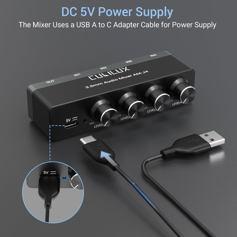 Cubilux 4-Channel 3.5mm Audio Mixer, Ultra-Low-Noise Mini Audio Mixer for Sub-Mixing, 1/8 TS/TRS Input, Stereo Switcher Suitable for Guitars, Bass, Keyboards