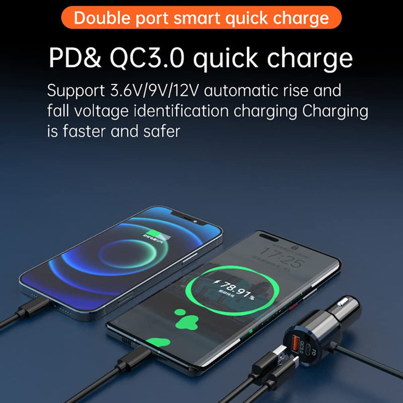 WYYHAA Fm Bluetooth Transmitter Car, 2 Microphones & QC3.0 +Type-C PD 18W HiFi Bass, Car Bluetooth Adapter Supports Hands-Free Calling, Siri Google Assistant, TF Card AUX Output, Blue