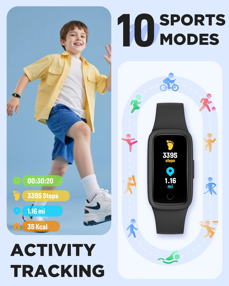 Vigor 3 Kids Fitness Tracker Watch, AMOLED Screen for Boys Ages 5-15 | No Phone No App Required, 3ATM Waterproof, Pedometer, Heart Rate and Sleep Monitor, Vibrating Alarm, 10 Sport Modes, Reminder Black