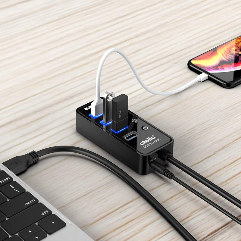 Powered USB Hub, atolla 4-Port USB 3.0 Hub with 4 USB 3.0 Data Ports and 1 USB Smart Charging Port, USB Splitter with Individual On/Off Switches and 5V/3A Power Adapter