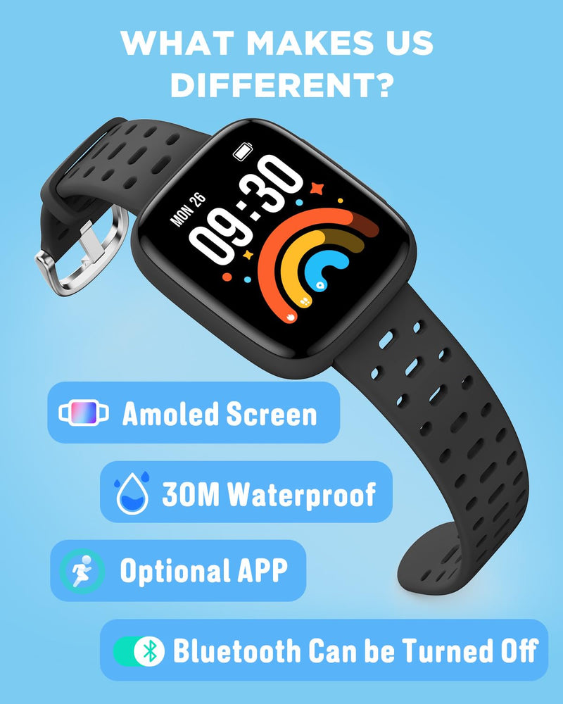 BIGGERFIVE Kids Watch No Phone Needed, 1.8" Amoled Smart Fitness Watch | Pedometer, Heart Rate, Sleep Tracker, 30m Waterproof, Step Counter, Games, 100+ Dials, Gifts for Boys Girls 5-16, Black