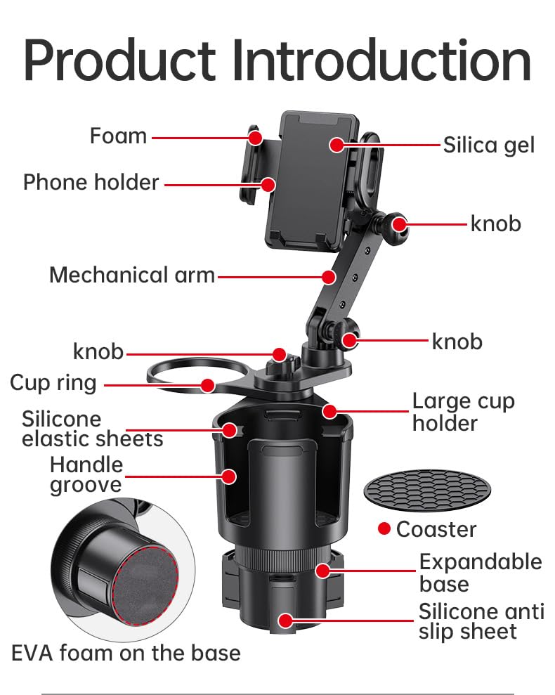 Car Phone Holder with Cup Holder Mount, 2 in 1 Universal Cup Holder Expander Adjustable Base with Phone Mount, Long Adjustable Arm with 360°Rotation Cup Holder ，Compatible with All Smartphones，Black