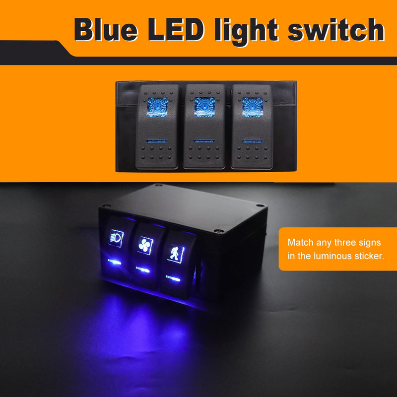 [AUSTRALIA] - weideer 3 Gang Rocker Switch Box Blue LED 12V 24V DC Rocker Switch Panel with Night Glow Stickers for Car Trucks Boats RVs A (Any three combinations) 