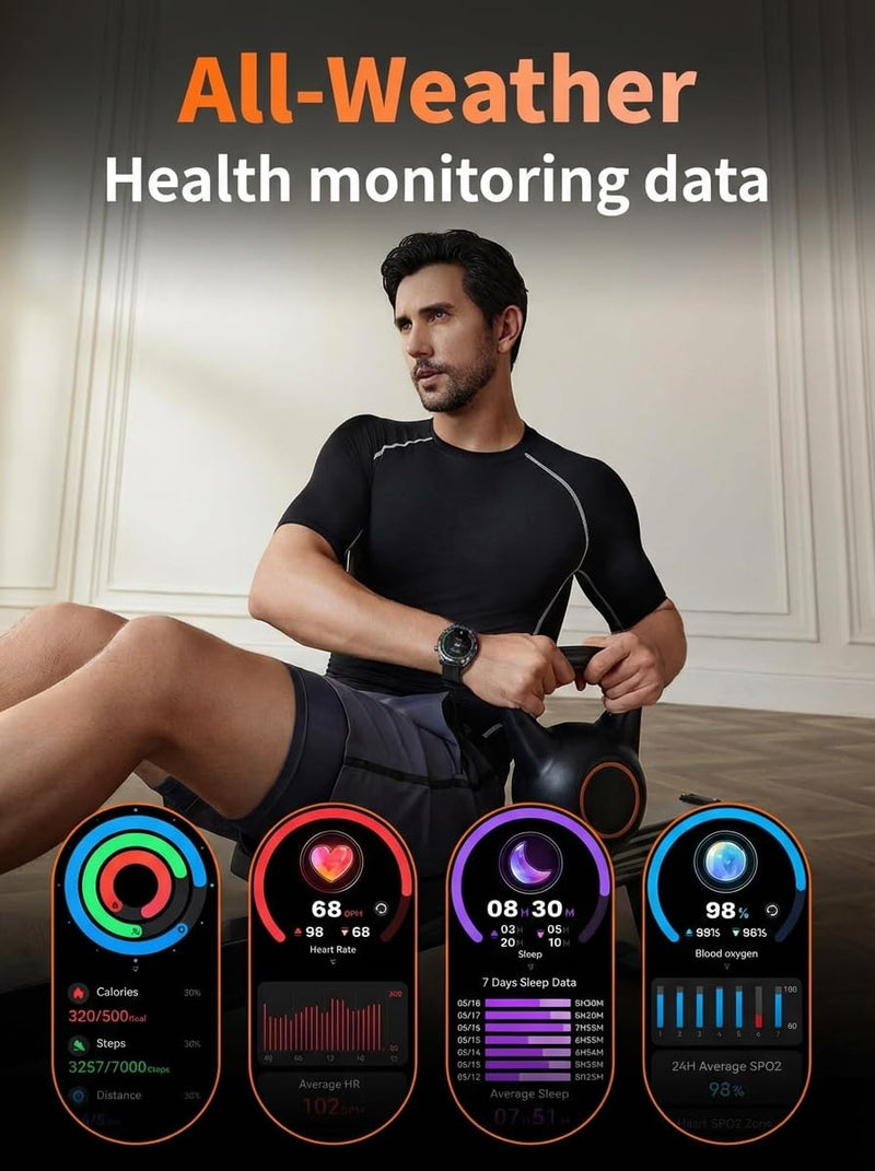 SKG Smart Watch for Men Women, 1.43" GPS Built-in Smartwatch with 100+ Sports Magnetometer Barometer, 9-Day Runtime 5ATM Waterproof Fitness Watch, for Health Tracker Android iPhone Compatible, GT5 Orange