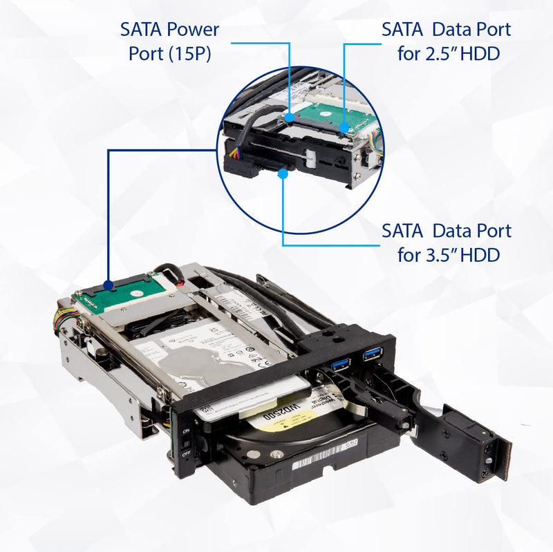 Syba SY-MRA55006 5.25" Bay Tray Less Mobile Rack for 3.5" and 2.5" Sata III HDD with Extra 2 Port USB 3.0, Black/White