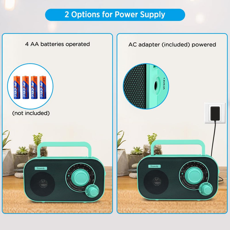 DreamSky AM FM Portable Radio Plug in Wall or Battery Operated for Home & Outdoor, Strong Reception, Large Dial Easy to Use, Transistor Antenna, Headphone Jack, Small Gifts for Seniors Elderly Green