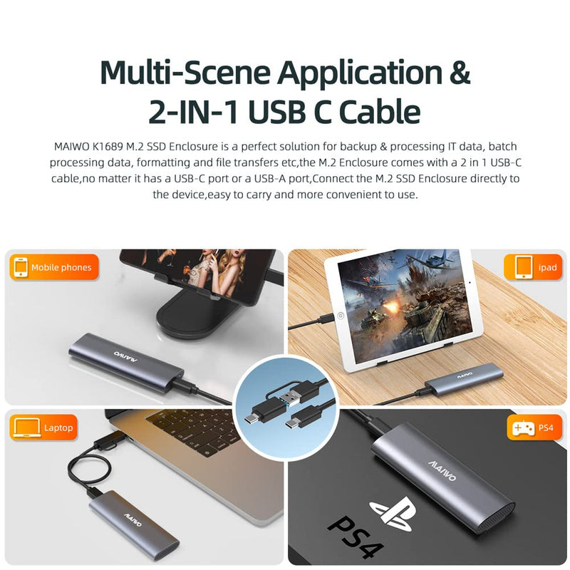 MAIWO M.2 SSD Enclosure Adapter,USB C to M.2 NVME/SATA,MAX 10Gbps,Support 2TB Storage Expansion,Support M or B&M Keys,Aluminum Alloy,Tool Free,Automatic Sleep (FIts 2230/2240/2260/2280)