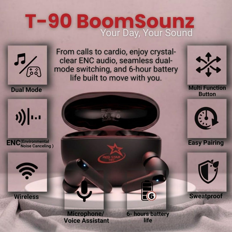 RED STAR TEC T-90 BoomSounZ Wireless Earbuds, Noise Cancelling, Sweatproof