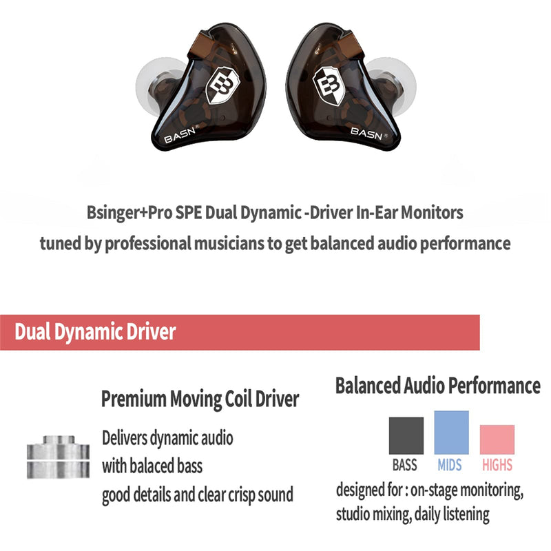 BASN Bsinger in Ear Monitor Headphones for Musician, Dual Dynamic Drivers Noise Isolating Earbuds with MMCX Inline Remote Mic Cable and Silver Plated Audio Cable (SPM-Brown) | dual dynamic drivers iem, noise isolating, mmcx inline-mic and silver-plated...