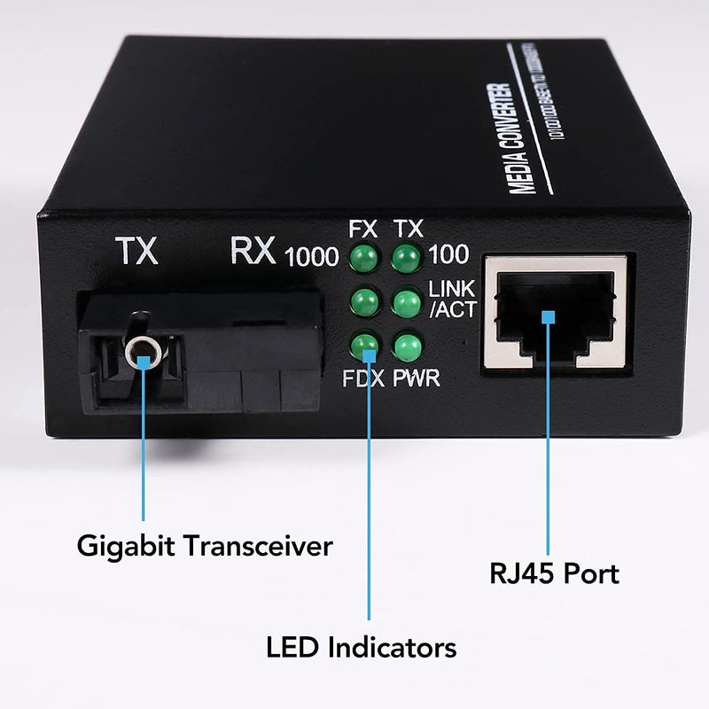 A Pair 2 Pack SC Single Mode Gigabit Ethernet Media Converter 10/100/1000Mbps Bi-Directional Single SC Fiber Ethernet Transceiver up to 20km RJ-45 Port 10/1000Base-TX to 1000Base-FX 1310-nm Single-Mode SC Single Port
