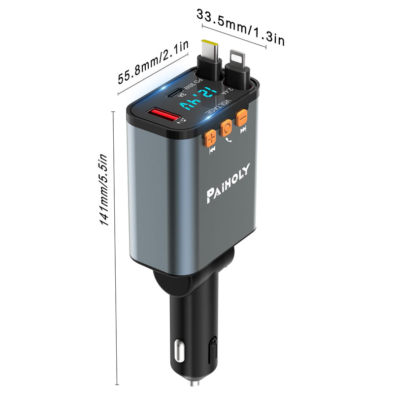 [AUSTRALIA] - Bluetooth 5.3 Car Adapter, FM Transmitter Bluetooth Car Charger, 4 in 1 Retractable Car Charger, Phone USB C PD Fast Charging Adapter for RV SUV Truck, Fit iPhone 17/16/15/14 (Type C & Lightning) Grey 