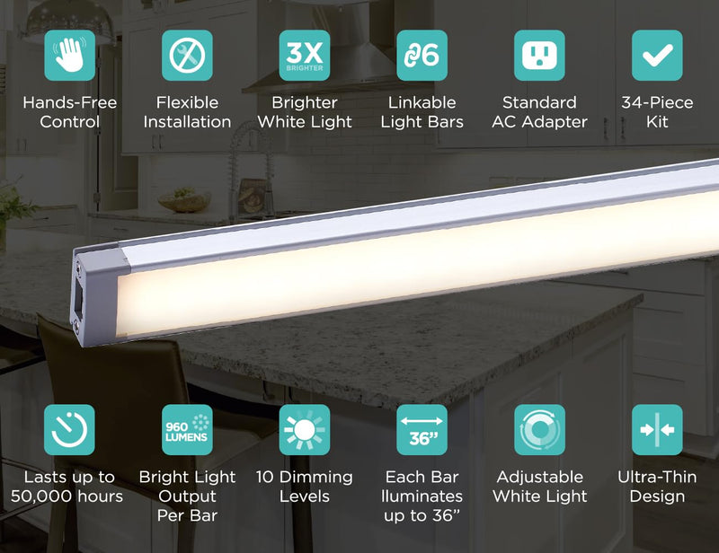 Black+Decker LED Under Cabinet Light Kit, Motion Sensor, Dimmable, Linkable, 3 Color Settings, Tool-Free, for Kitchen, Cabinets and Closets, (3) 9" Bars 9 inches 3 Bars