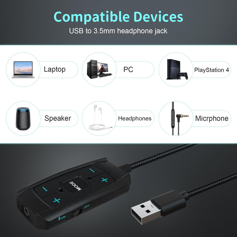 USB Sound Card Virtual 7.1 Surround Sound USB to 3.5mm Jack Audio Adapter Cable External Sound Card for PC/PS4/PS5/Mac/Stereo Headset, 6.5ft, Audio Control Box, Plug and Play