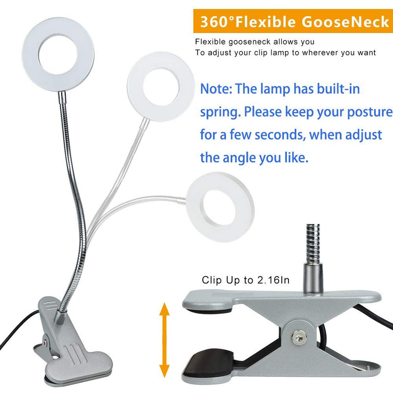 DLLT Dimmable Clip on Reading Light, 48 LED USB Bed Night Lights with 3 Colors, 15 Brightness Level Book Light Flexible Clamp for Makeup Mirror, Desk, Bedside, Headboard, Piano, Computer Light(Silver) Silver