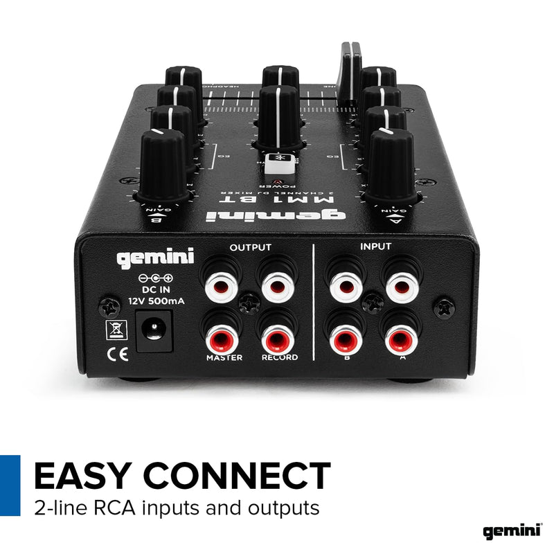 Gemini Portable Bluetooth DJ Mixer – 2-Channel Mini Audio Mixer with Wireless Input, RCA, Mic & Headphone Jacks, EQ & Crossfader – Compact DJ Mixer Board for Beginners & Mobile DJs (MM1BT) MM1BT