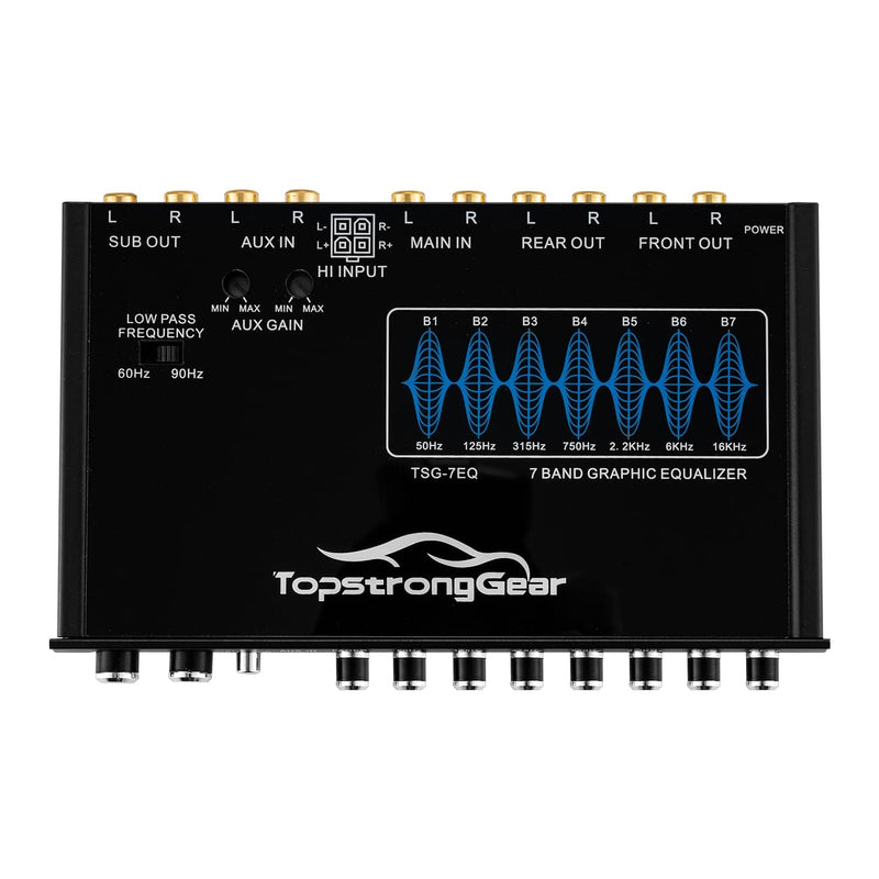 TOPSTRONGGEAR TSG7EQ 7-Band Car Audio Graphic Equalizer with Front 3.5mm Aux Input, High Voltage RCA Outputs and High Level Speaker Inputs