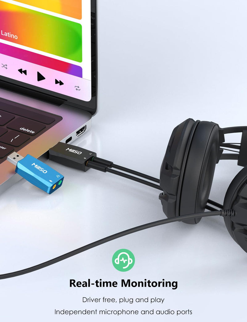 MillSO USB to 3.5mm Audio Jack Adapter [with Internal Recording Function] Portable Computer External USB Sound Card for PC, Recording, Training, Streaming, Podcasting - Black