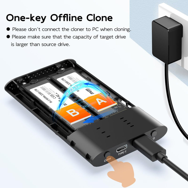 MAIWO Dual Bay M.2 NVMe SSD Enclosure with Offline Clone, 20Gbps USB3.2 GEN2x2, Support M.2 PCIe NVME M Key SSD Reader Duplicator, Tool Free, All Metal Case, 16TB Capacity