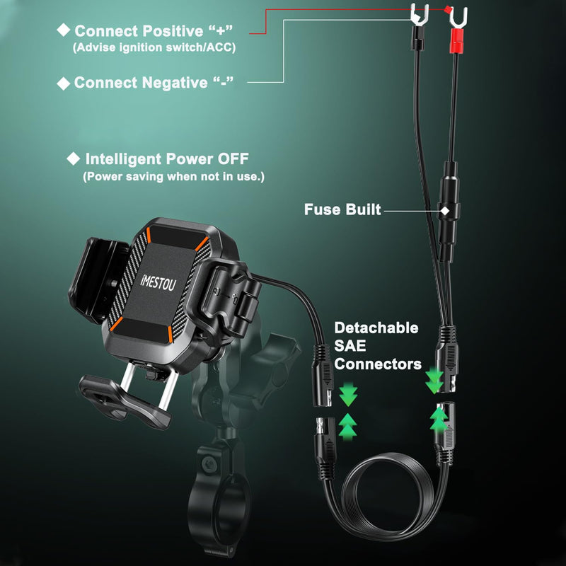 [AUSTRALIA] - iMESTOU Motorcycle Phone Mount with Wireless Charger 15W & USB-C Port 36W, Shock Absorption 1" Ball Mount Fits for 5.4"-7.2" Phones Up to 15mm Thick, Works with 12-24V Vehicles (without mounting base) 