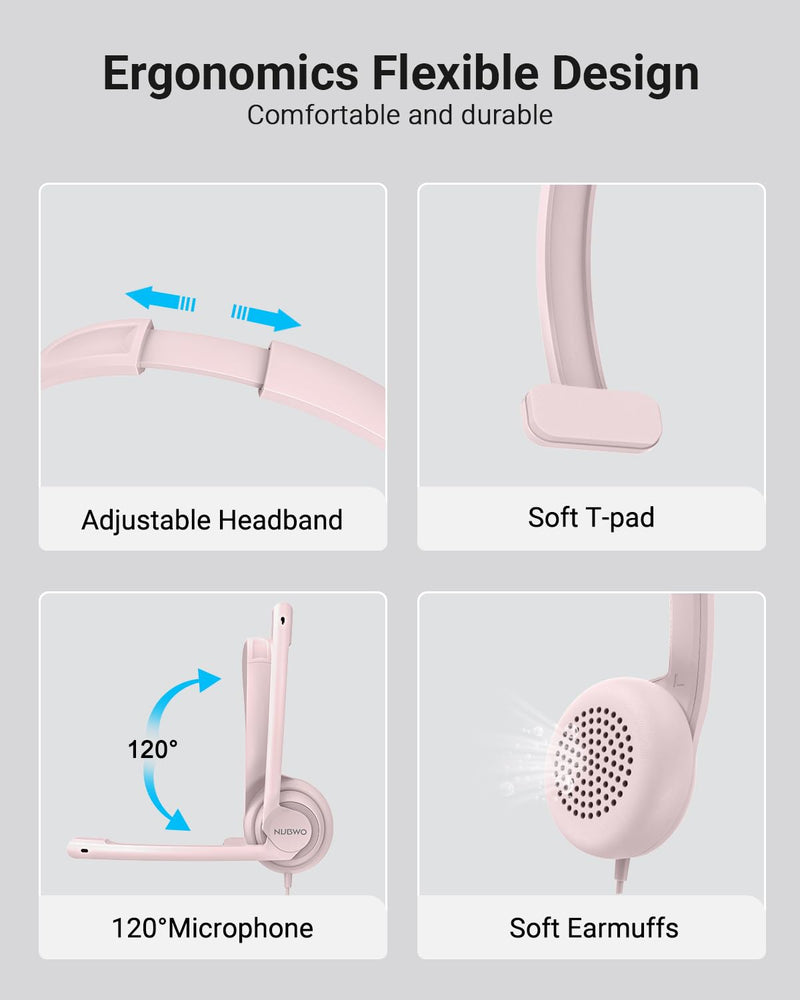 NUBWO HW02 USB Headset with Microphone Noise Cancelling &in-line Control, Ultra Comfort Computer Headphones for Laptop pc, On-Ear Wired Office Call Center Headset for Boom Skype Webinars (Pink) 1 pack Pink