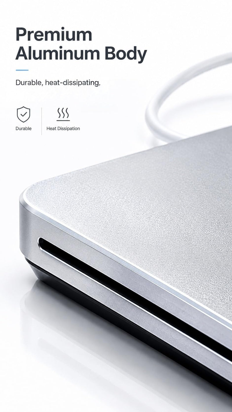 External CD DVD Drive USB-C Superdrive Portabl CD/DVD ROM Optical Drive Player Reader Writer Burner for MacBook Pro Windows 10 Laptop Desktop (Silver)