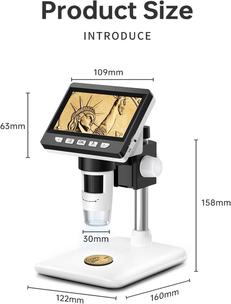 [AUSTRALIA] - Coin Microscope, 4.3 Inch Digital Microscope 1000X Coin Microscope for Error Coins with 8 Adjustable LED Lights, PC View Compatible with Windows & MacOS White 