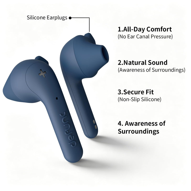 Defunc True Basic Wireless Earbuds, Bluetooth 6.0, Patented MultiTip Semi-in-Ear Design with Silicone Ear Wings, AI App Support, Quad Microphones, Waterproof, 22H Playtime, Secure Fit Earbuds Blue