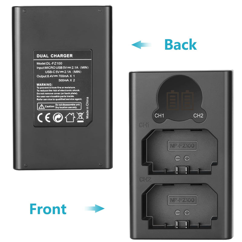 Neewer Dual USB Charger for Sony NP-FZ100 Battery, Compatible with Sony ZV-E1, FX3, FX30, A1, A9 II, A7R V, A7S III, A7 IV, A6600, A7C Cameras, Designed with LCD Display, Versatile Charging Options