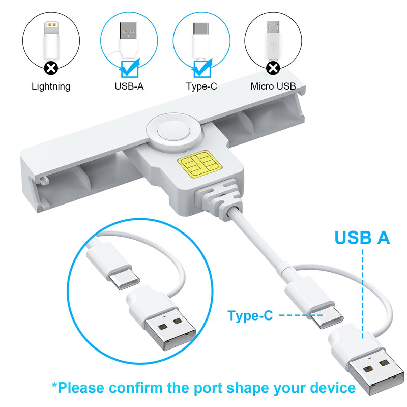 CAC Card Reader 2 in 1 USB/USB C Dual Connector, DOD Military USB Common Access CAC Reader Type C USB Smart Card Reader Compatible with Windows, Mac OS Mini Fold Plug and Play White