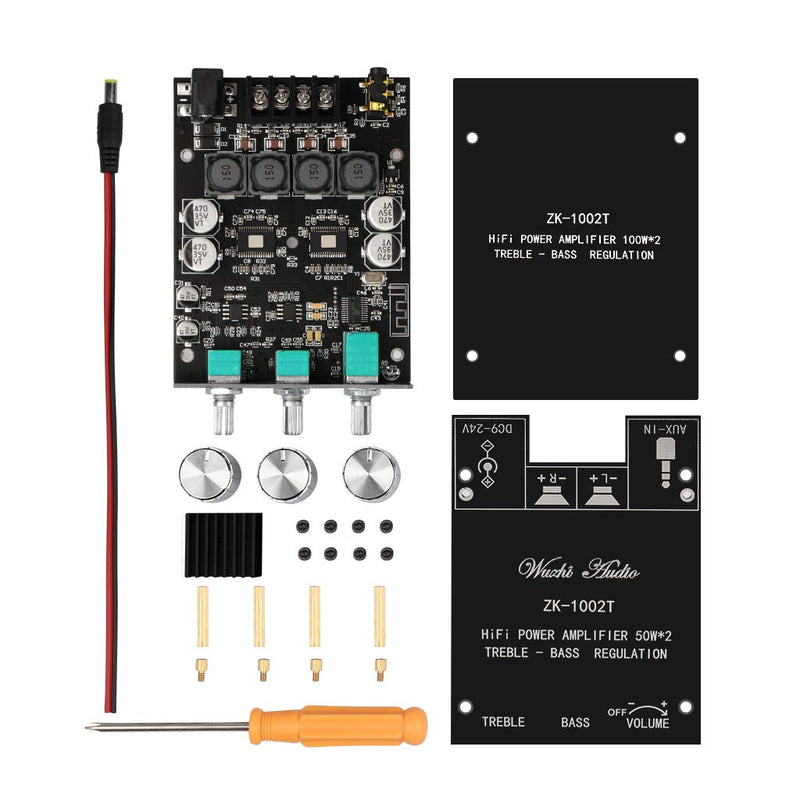 ZK-1002T Bluetooth 5.0 Amplifier Board 2.0 200W HiFi Subwoofer Audio AMP with Treble and Bass Control BT and AUX Inputs, DC 9-24V 2.0 Channel Stereo AMP Module for DIY Speakers, Password Free Black3 ZK-1002T