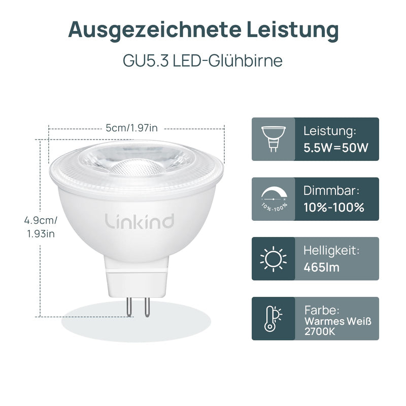 [AUSTRALIA] - Linkind Dimmable GU5.3 LED Bulb 5.5 W, Equivalent to 50 Watt, 2700 K Warm White 12 Volt AC/DC MR16 LED Reflector GU5.3 Spotlight, 36° Beam Angle 465 Lm LED Light Bulb MR16 Bulb, Pack of 5 Warm White Dimmable 