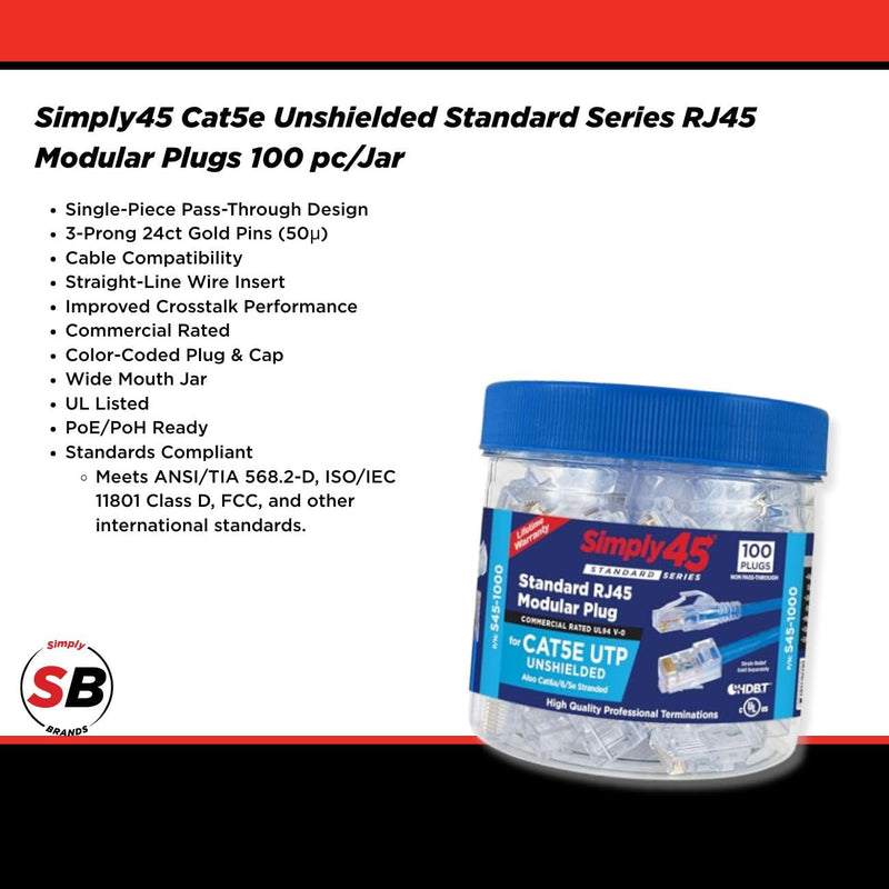 Simply45 Cat5e RJ45 Modular Plugs 8P8C, 100 Pack | 3-Prong 24ct Gold Plated Crimp Connector for 24AWG Solid & 28-26AWG Stranded UTP (Cat5e Ends / RJ45 Ends), S45-1000 Unshielded-Cat5e 100 Pieces