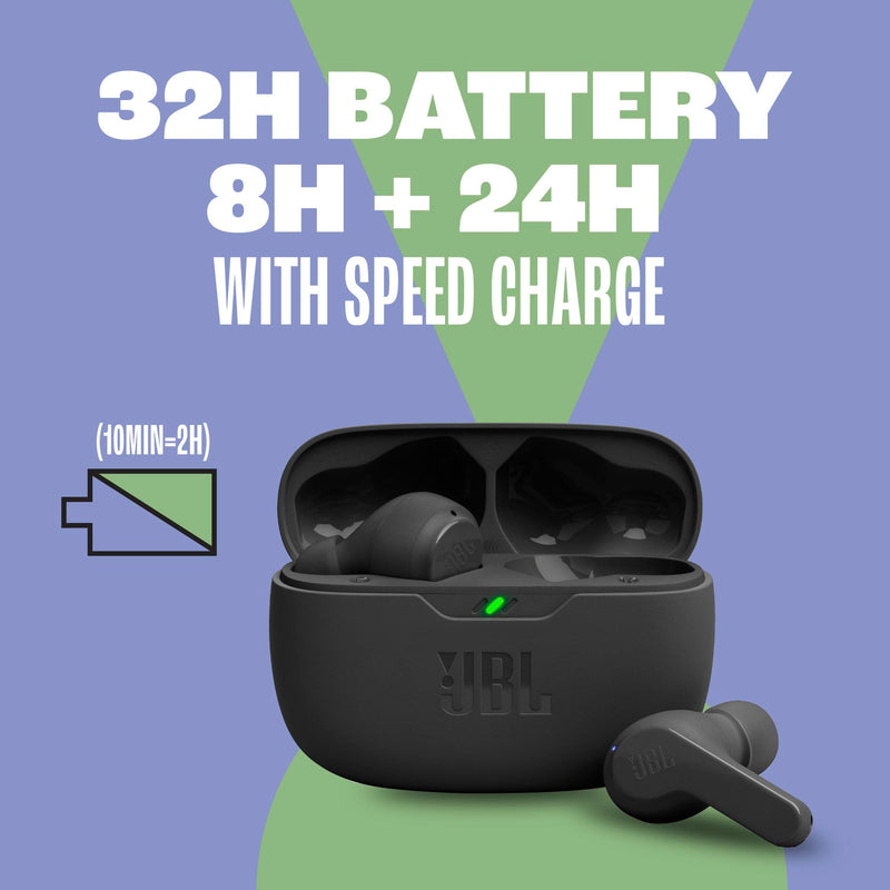 JBL Vibe Beam - True Wireless Earbuds - Black | JBL Deep Bass Sound, Comfortable fit, Up to 32 8h 24h total hours of battery life with speed charging