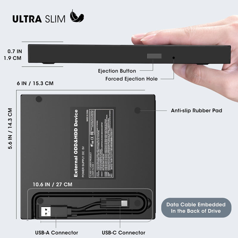 ROOFULL External CD DVD Drive with 4 USB Ports & 2 SD/TF Card Slot (8 in 1) | USB 3.0 Type-C Slim CD DVD Player Burner Reader Writer Optical Disk Drive for Laptop PC, Windows 11/10/7 Linux Mac OS, UL41-Y 8x1 Drive (Slim)