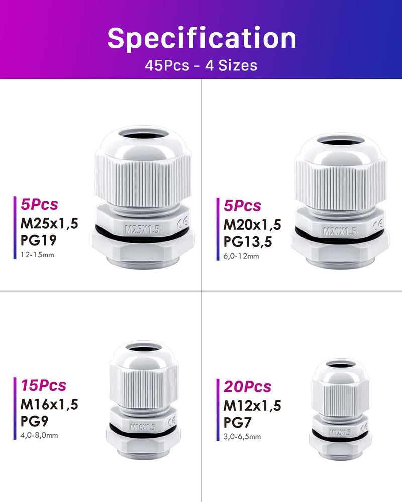 45 Piece Cable Gland Set, ANVINKU 4 Types Cable Grommet, Waterproof, M12 M16 M20 M25 Nylon Cable Grommet Waterproof, IP68 White Cable Glands Set with Locknut Plastic M12/M16/M20/M25 45
