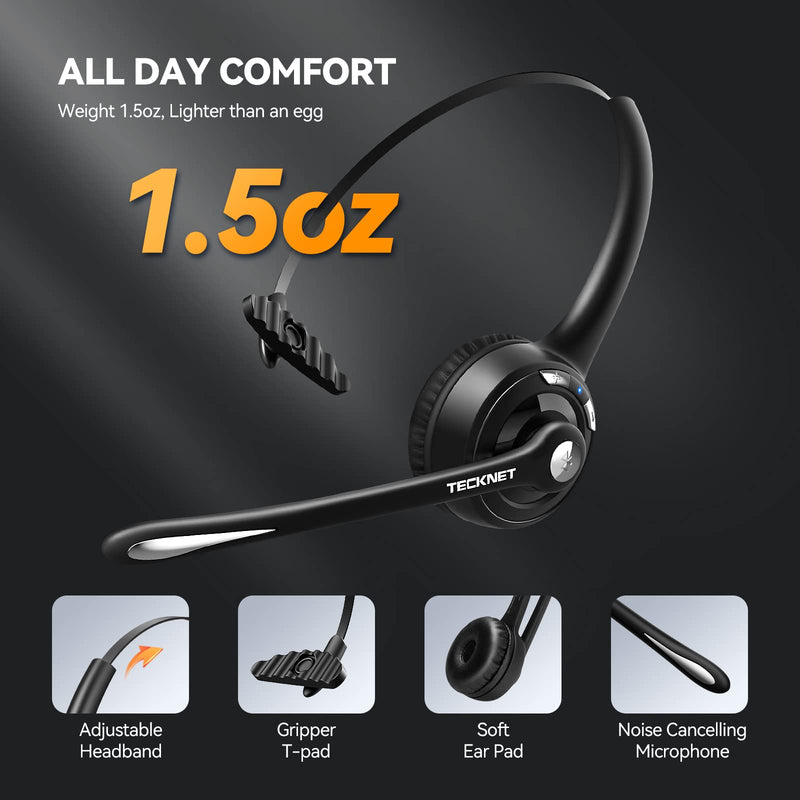 TECKNET Bluetooth Headset, Wireless On Ear Headphones with Noise Cancelling Microphone for Trucker, Hand Free Wireless Headset with Mute Mic for Phone simple configuration