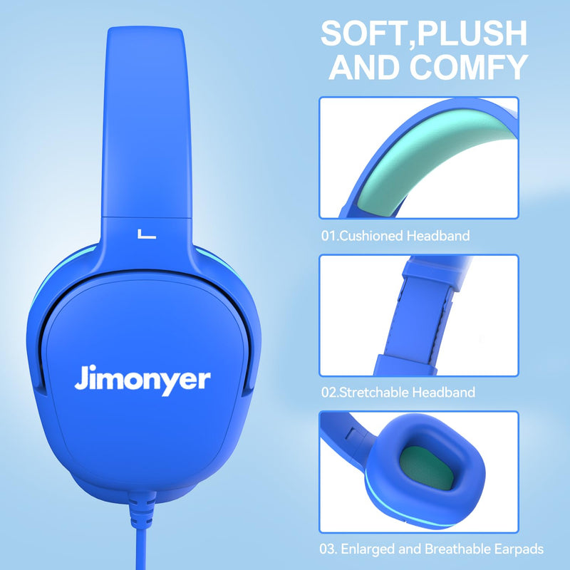 [AUSTRALIA] - Kids Headphones for School, 3.5mm Jack Wired Headphones for Kids with Safe Volume Limiter, HD Stereo Sound On-Ear Girls Boys Toddler Headphones for Tablet, iPad, Kindle(Blue) Blue 